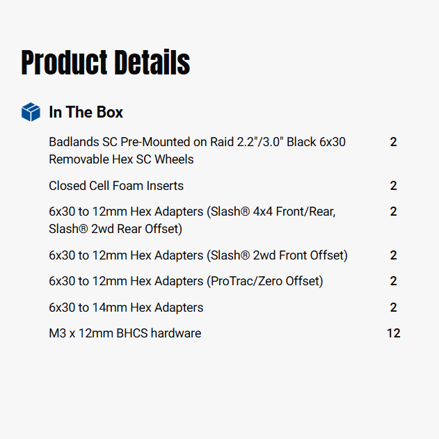 Pro-Line Racing 2Sets 1/10 Badlands Front/Rear 2.2"/3.0" SC Mounted 12mm Black Raid-PRO118210