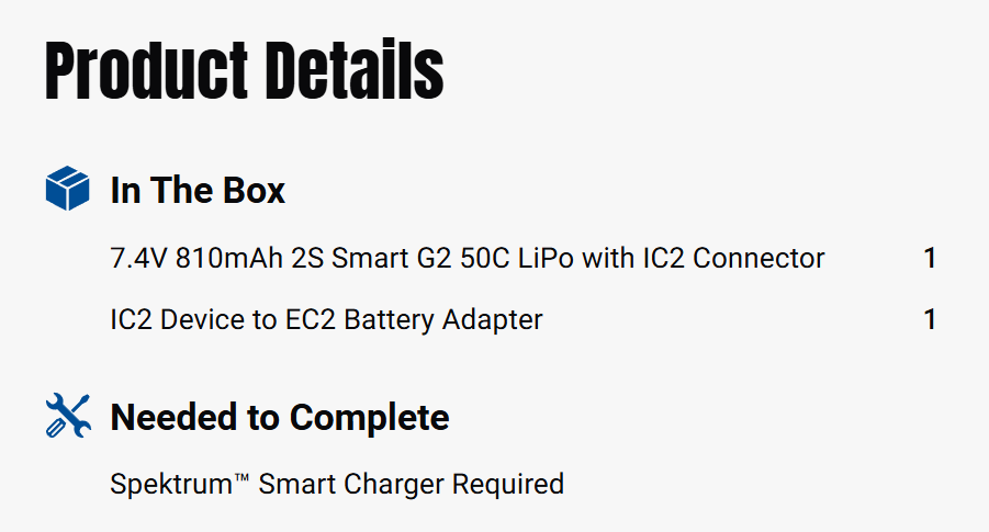 Spektrum 7.4V 810mAh 2S Smart G2 50C LiPo: IC2-SPMX812SH2