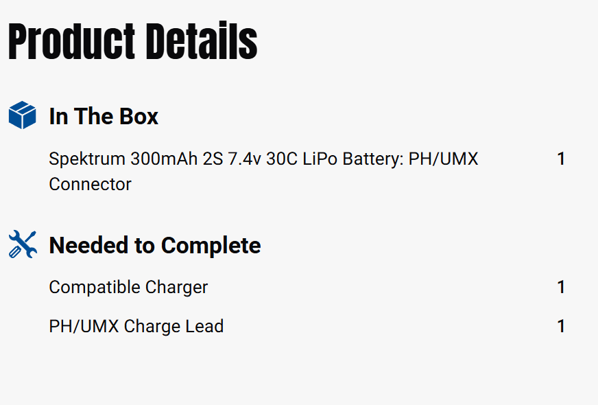 Spektrum 300mAh 2S 7.4V 30C LiPo Battery; PH Connector-SPMX3002S30