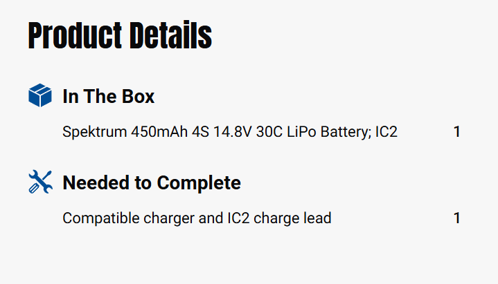 Spektrum 450mAh 4S 14.8V 30C LiPo Battery; IC2-SPMX4504SIC2