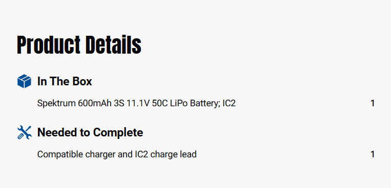 Spektrum 600mAh 3S 11.1V 50C LiPo Battery; IC2-SPMX6003SIC2