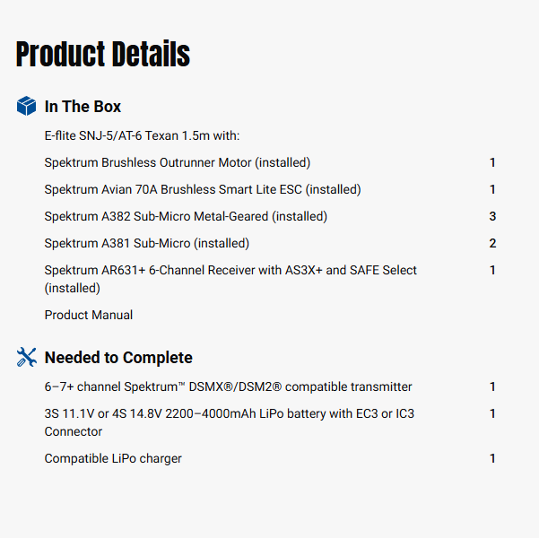 E-flite SNJ-5/AT-6 Texan 1.5m BNF Basic with AS3X+ and SAFE Select-EFL08750