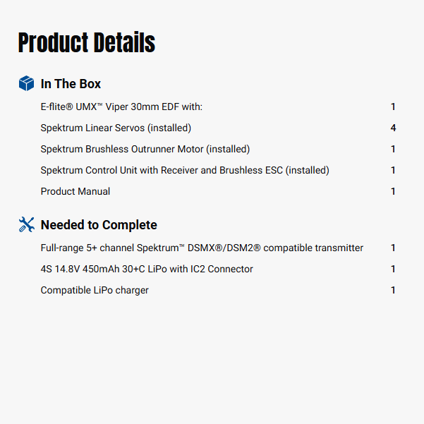 E-flite UMX Viper 30mm EDF Jet BNF Basic with AS3X and SAFE Select-EFLU17750