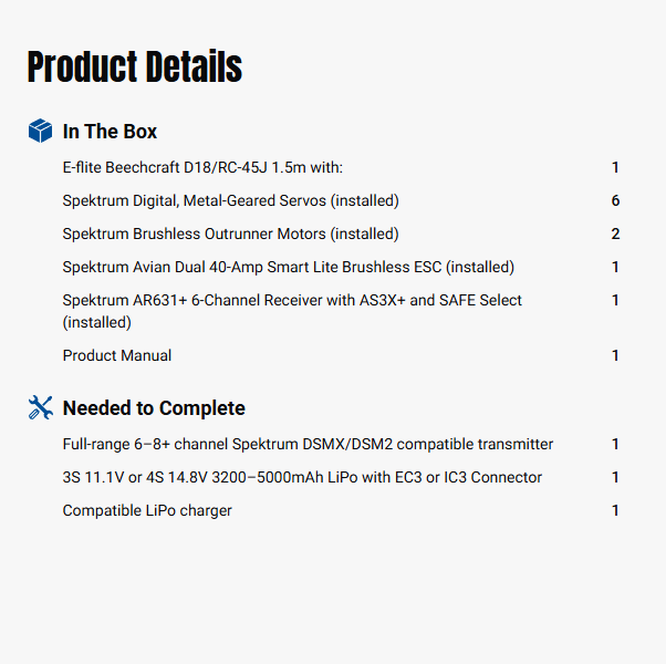 E-flite Beechcraft D18/RC-45J 1.5m BNF Basic with AS3X+ and SAFE Select-EFL-3726