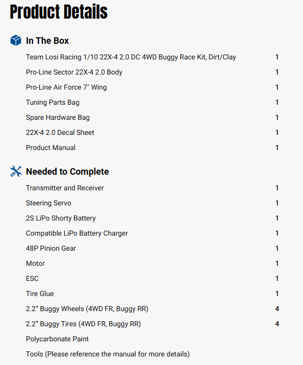 Team Losi Racing 1/10 Team Losi Racing 22X-4 2.0, Dirt/Clay Race Kit-TLR-1264