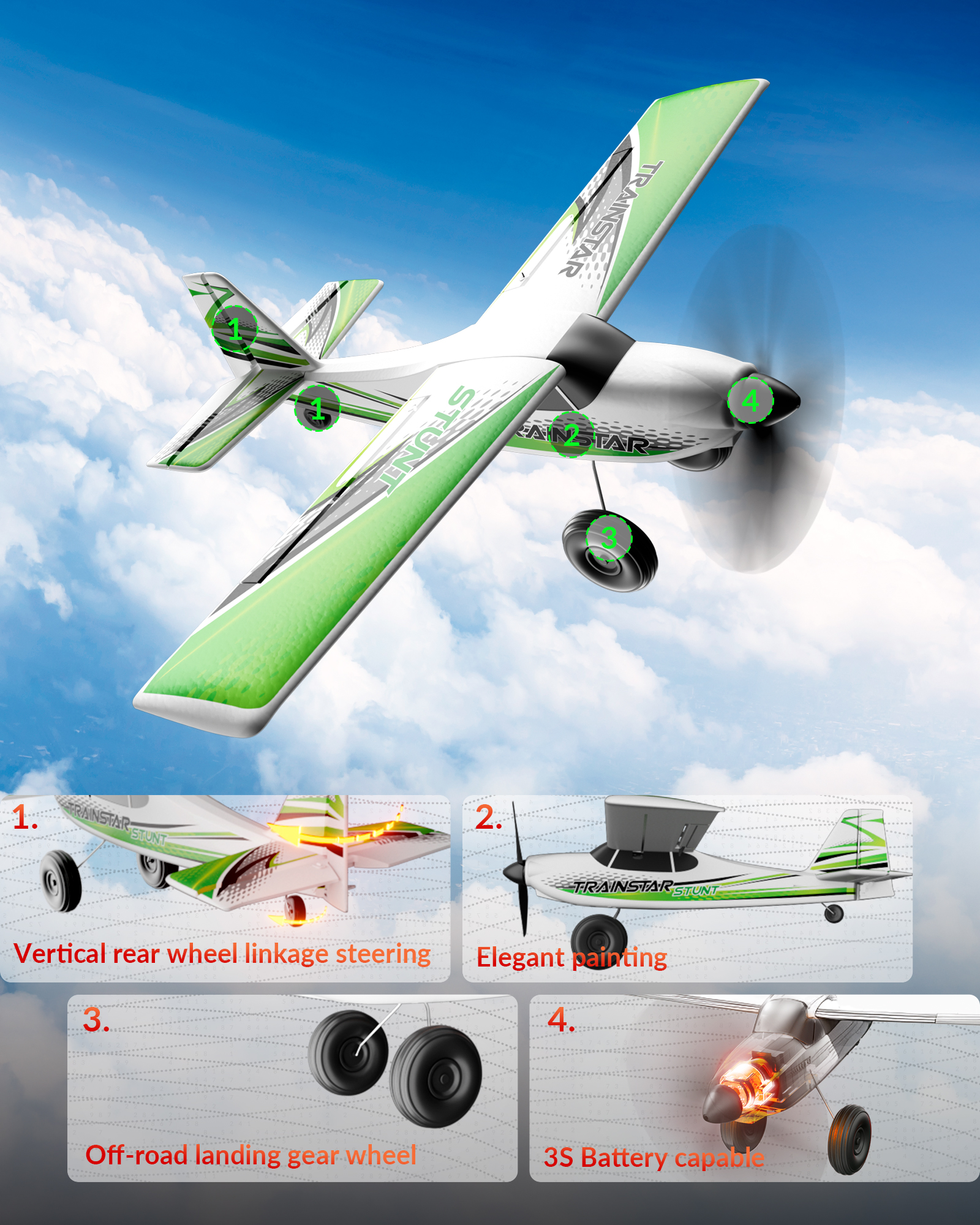 VOLANTEX 500mm Trainstar Stunt Brushless  RTF Mini RC Airplane w/ Gyro-EXA76804RRB2