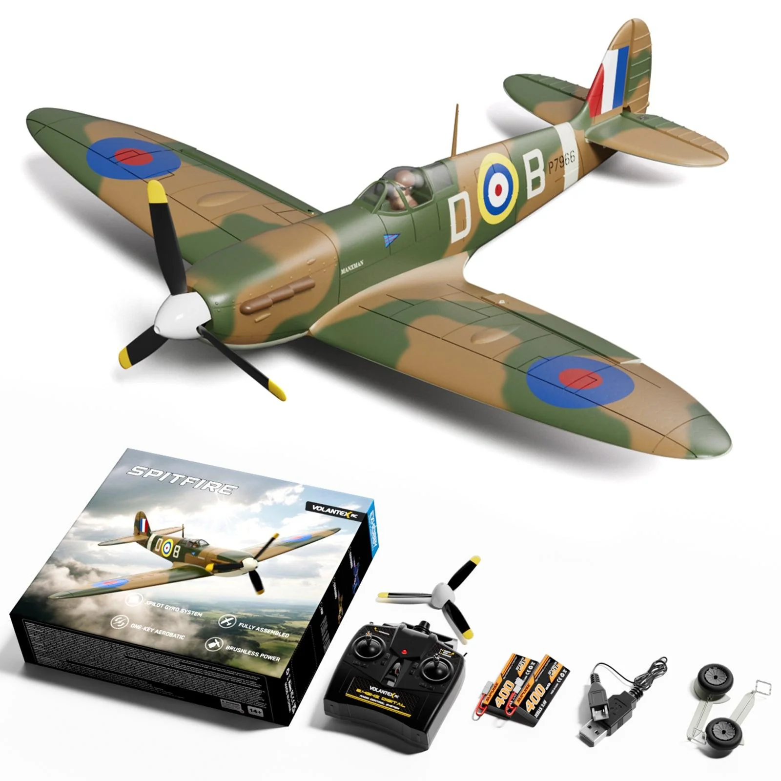 VOLANTEXRC 500MM Spitfire 4CH Brushless RC Plane RTF with XPilot Gyro | EXHOBBY