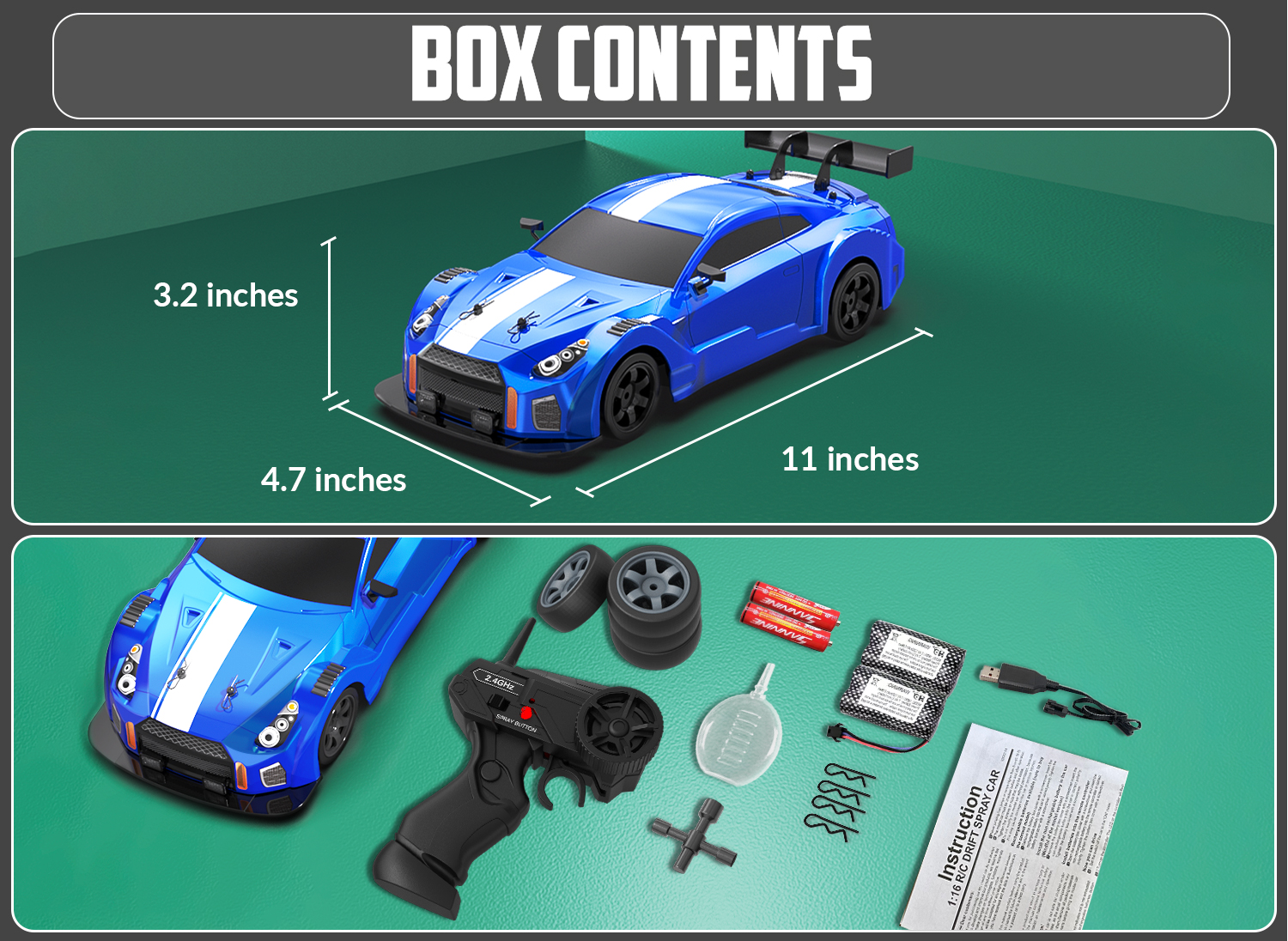 RACENT 1:16 RC Drift Car, 2.4Ghz 4WD 18KM/H Remote Control Car with Spray Mist, 2 Batteries