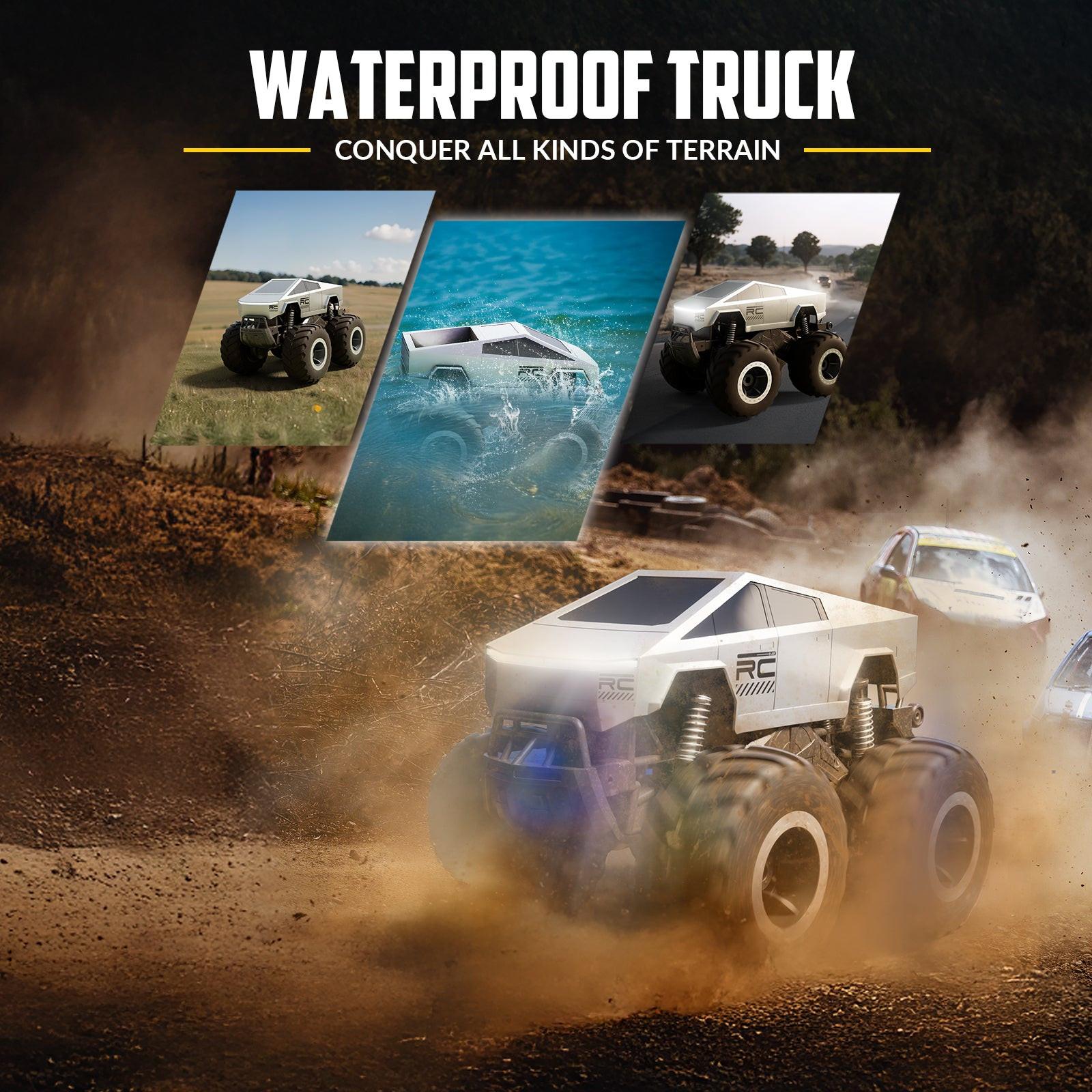 STEMTRON Amphibious RC Car driving through water and mud