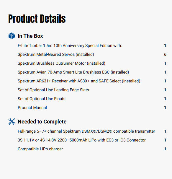 E-flite Timber 1500mm 10th Anniversary Special Edition BNF Basic with AS3X+ and SAFE Select-EFL-3352