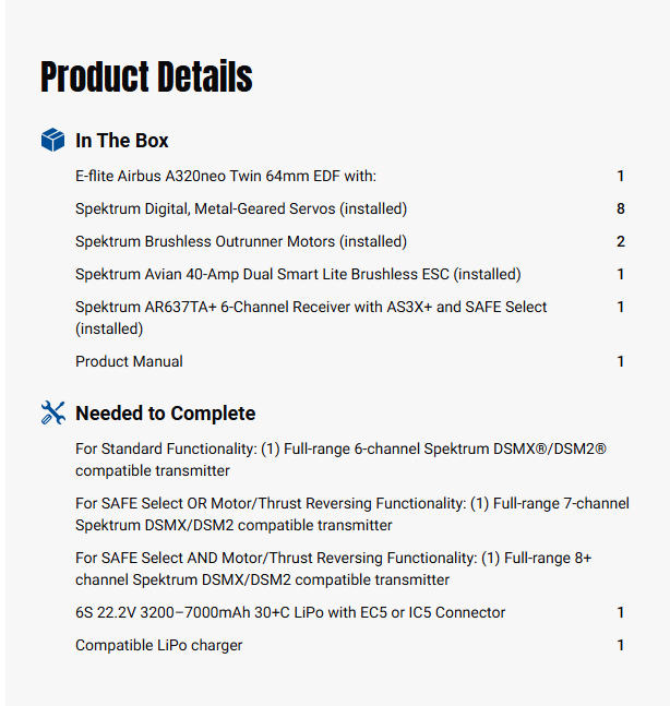 E-flite Airbus A320neo Twin 64mm EDF BNF Basic with AS3X+ and SAFE Select, Base White-EFL-1495