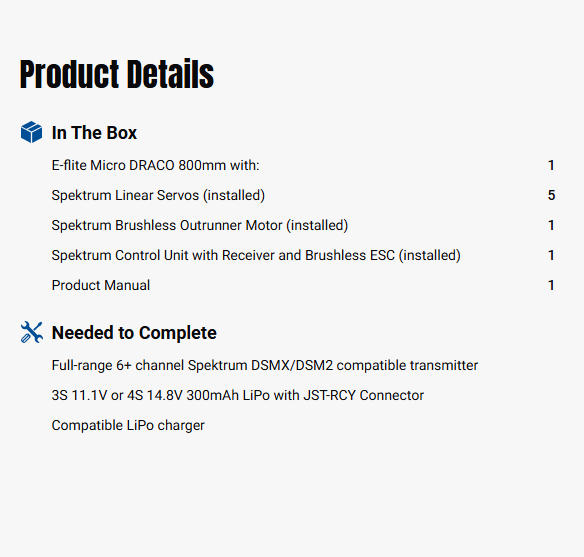 E-flite Micro DRACO 800mm BNF Basic with AS3X and SAFE Select-EFL13550