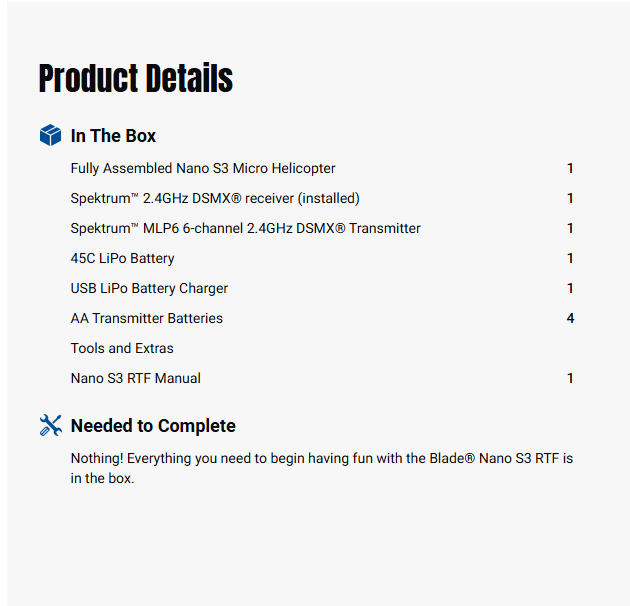 Blade Nano S3 RTF RC Helicopter w/ AS3X & SAFE-BLH013000