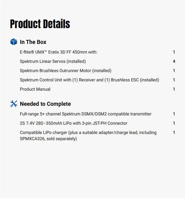 E-flite UMX Eratix 3D FF (Flat Foamy) 450mm BNF Basic with AS3X and SAFE Select-EFLU02050