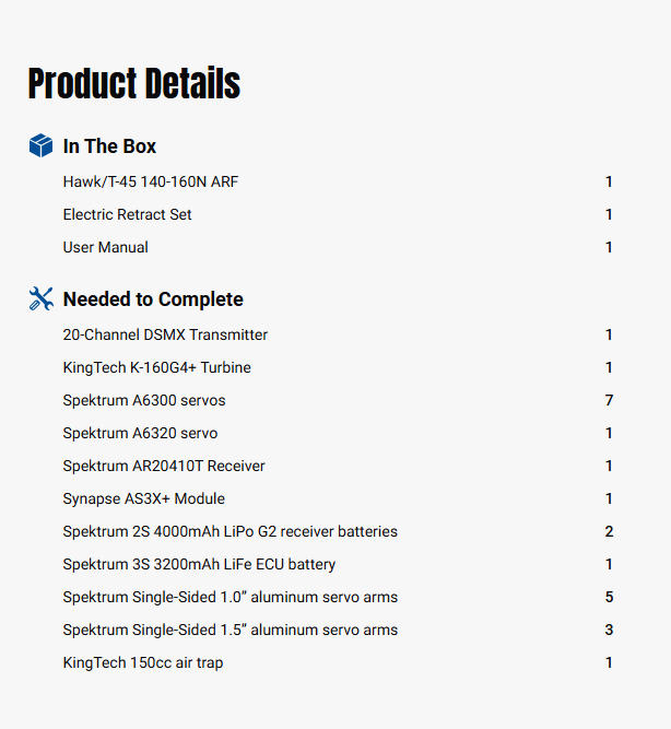 Hangar 9 Hawk/T-45 140-160N ARF with Retract Set-HAN13750CR