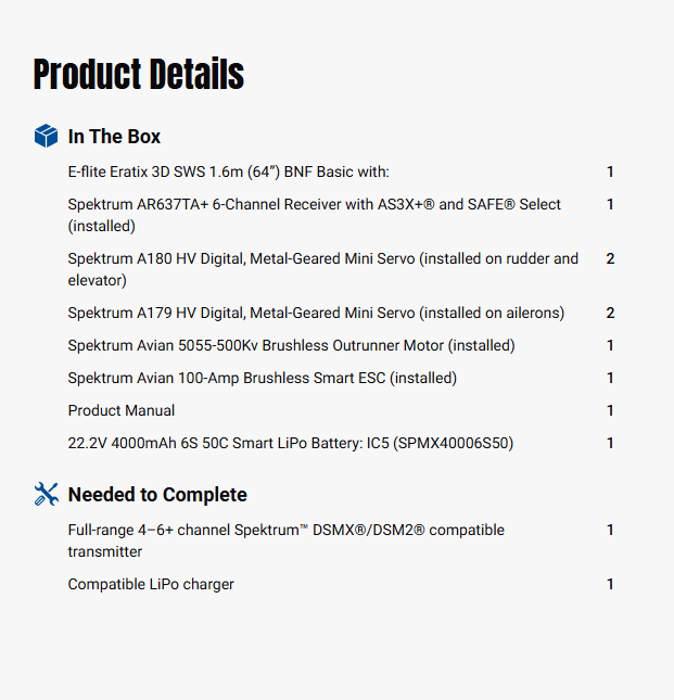 E-flite Eratix 3D SWS 1600mm BNF Basic w/ Spektrum 6S 4000mAh 50C Battery-EFL-13350CB