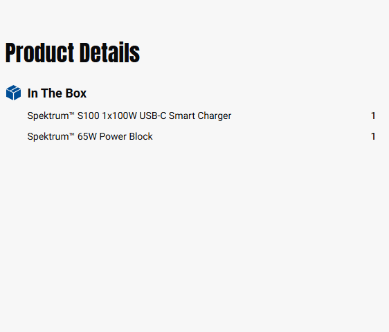 Spektrum S100 1x100W USB-C Smart Charger, 65W USB-C GaN Power Supply Combo-SPMXC2090P