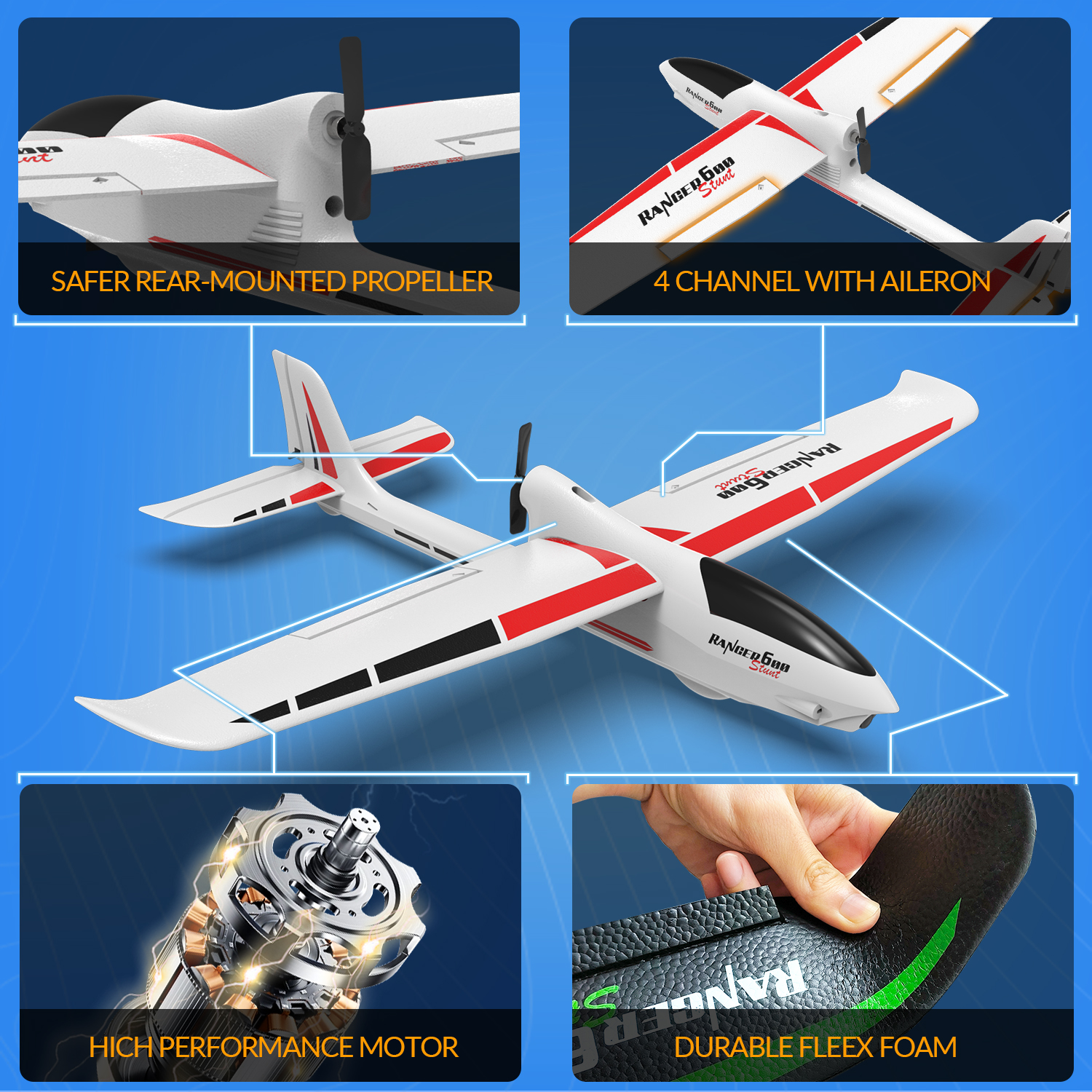 VOLANTEXRC Ranger 600S 600mm RTF 4CH RC Gliders Aircraft 23.6''-76102S