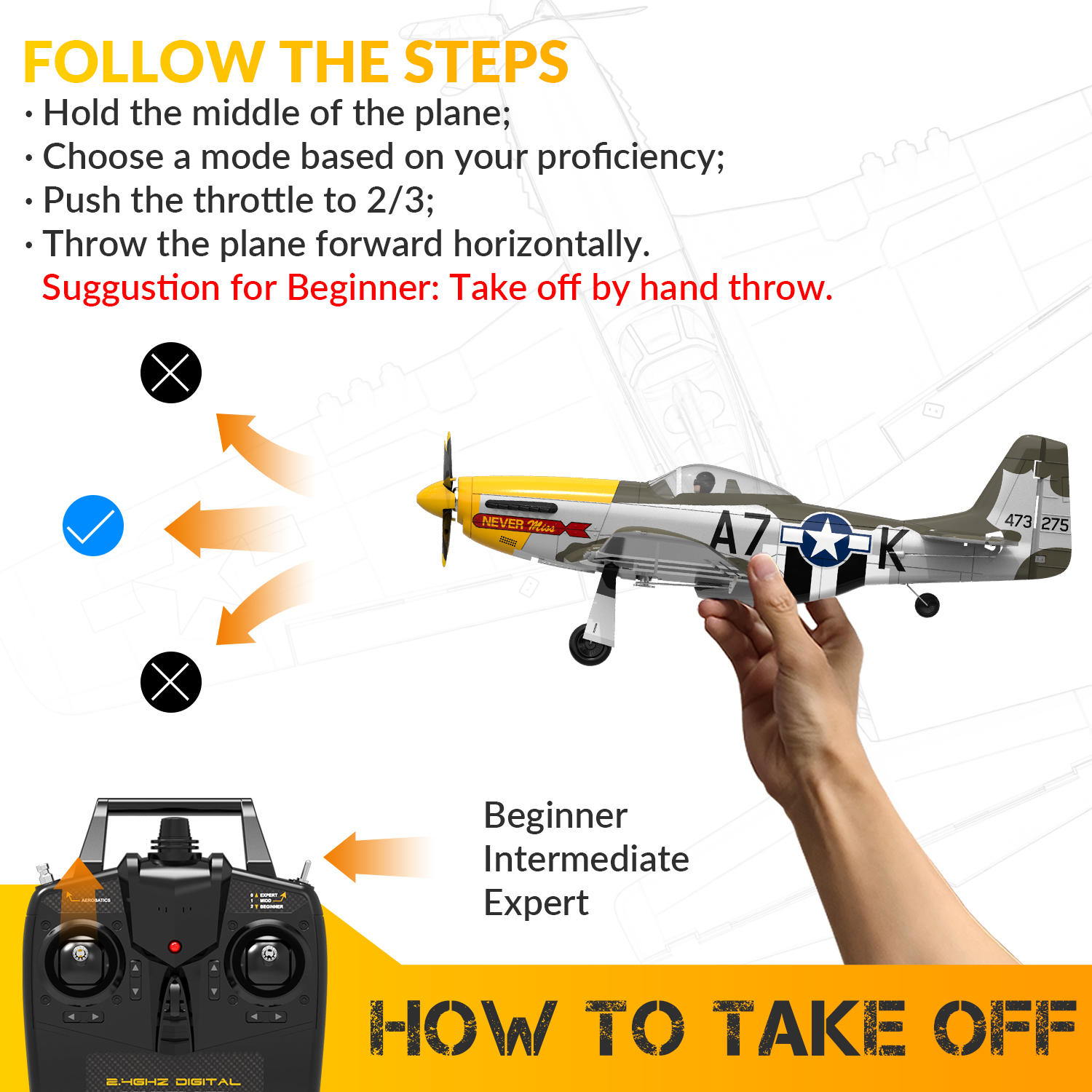 VOLANTEXRC P-51Mustang 500mm RTF RC Warbirds Airplane Brushless w/ Gyro Stabilizer-76802