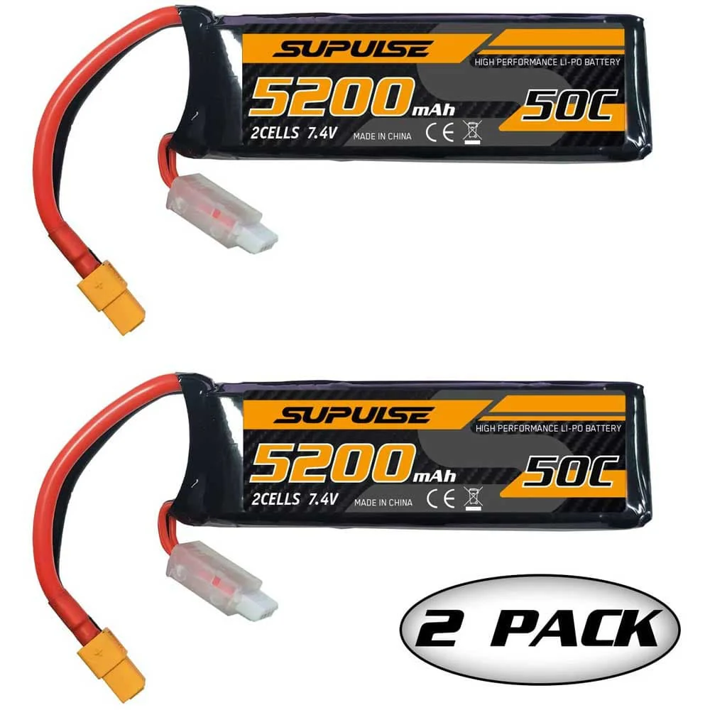 SUPULSE 2pack 7.4V 2S 5200mAh 50C Lipo Battery with XT60 Plug