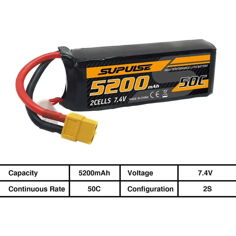 SUPULSE 2pack 7.4V 2S 5200mAh 50C Lipo Battery with XT60 Plug