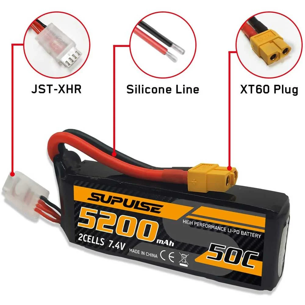 SUPULSE 2pack 7.4V 2S 5200mAh 50C Lipo Battery with XT60 Plug