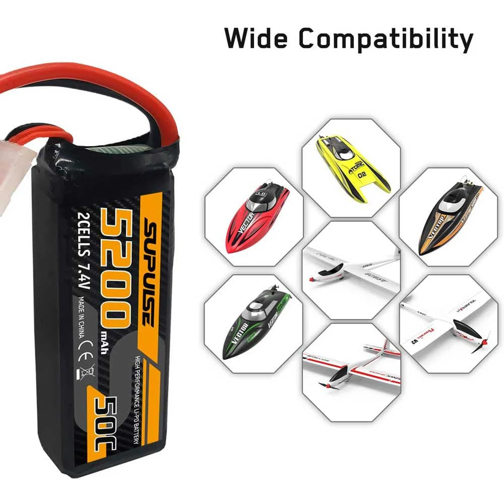 SUPULSE 2pack 7.4V 2S 5200mAh 50C Lipo Battery with XT60 Plug
