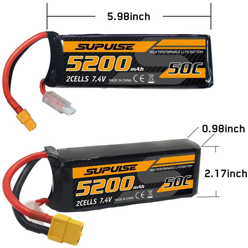 SUPULSE 2pack 7.4V 2S 5200mAh 50C Lipo Battery with XT60 Plug