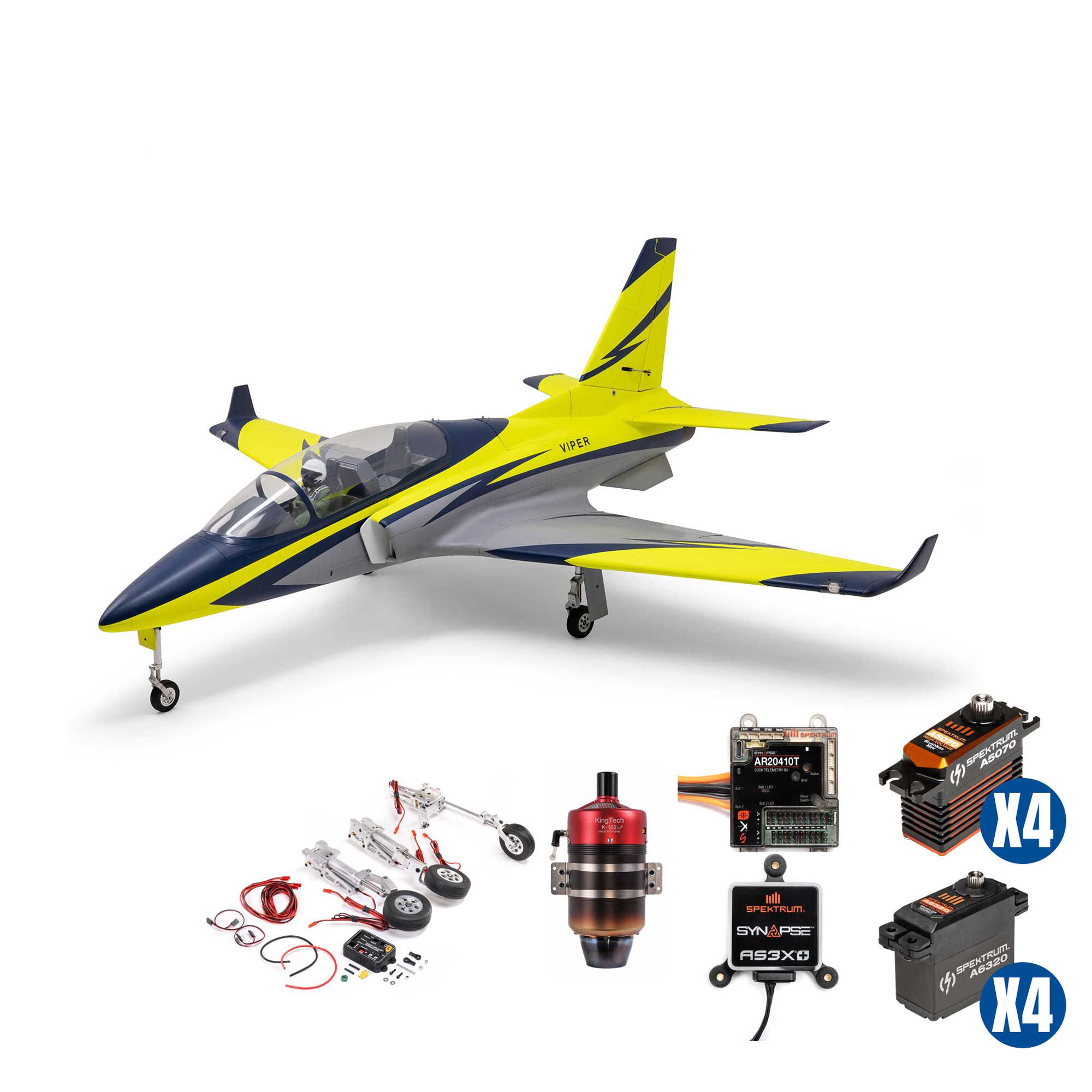 Viper 100N ARF with Retract Set, KingTech K-102G4+ Turbine, 8 Spektrum Servos, Spektrum AR20410T Powersafe Receiver, and Synapse AS3X+ Module