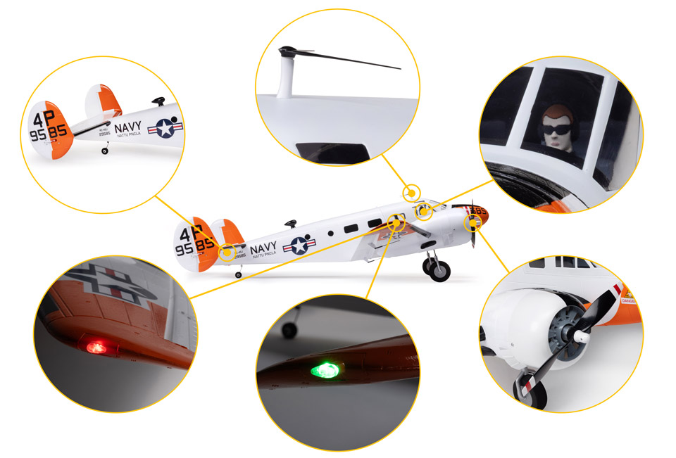 Abundant Scale Detail and Functional Scale Features for the E-flite Beechcraft D18/RC-45J 1.5m RC Airplane