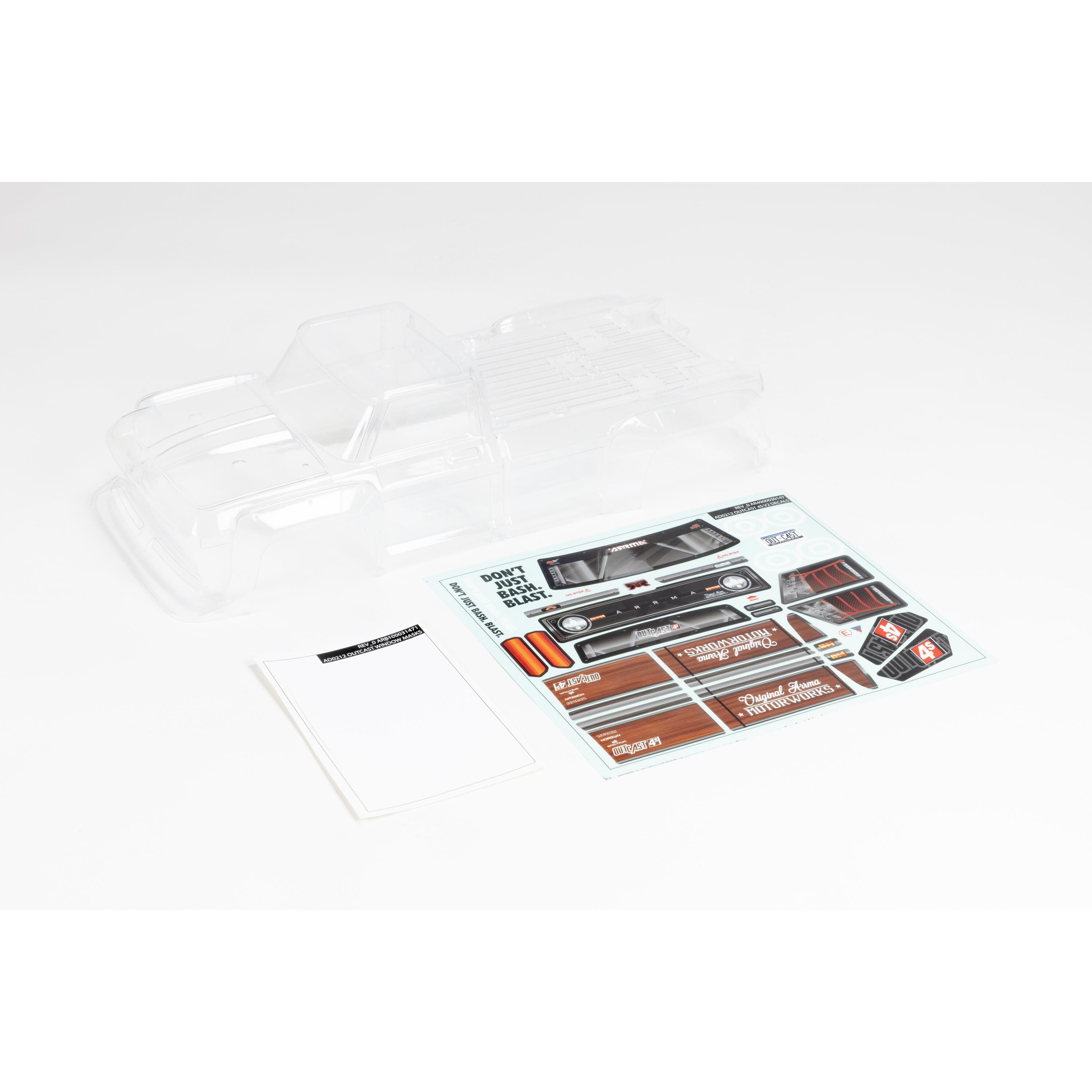 ARRMA 1:10 Clear Body w/ Decals & Window Masks: OUTCAST 4X4 BLX-ARA402322