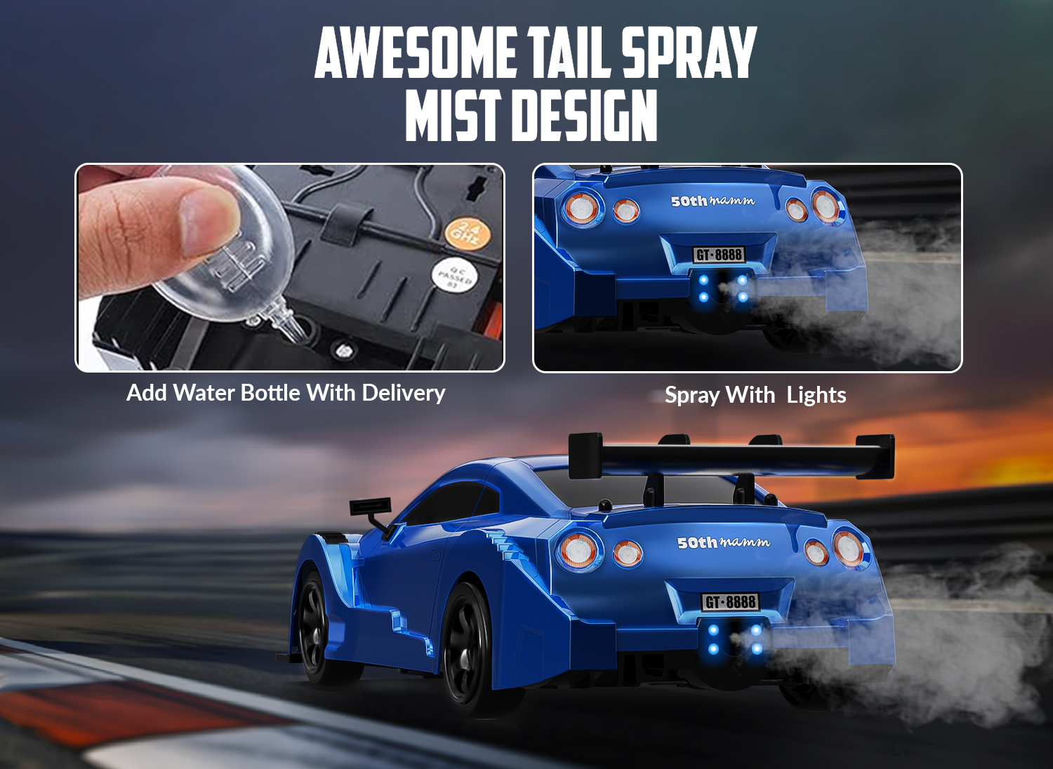 RACENT 1:16 RC Drift Car, 2.4Ghz 4WD 18KM/H Remote Control Car with Spray Mist, 2 Batteries