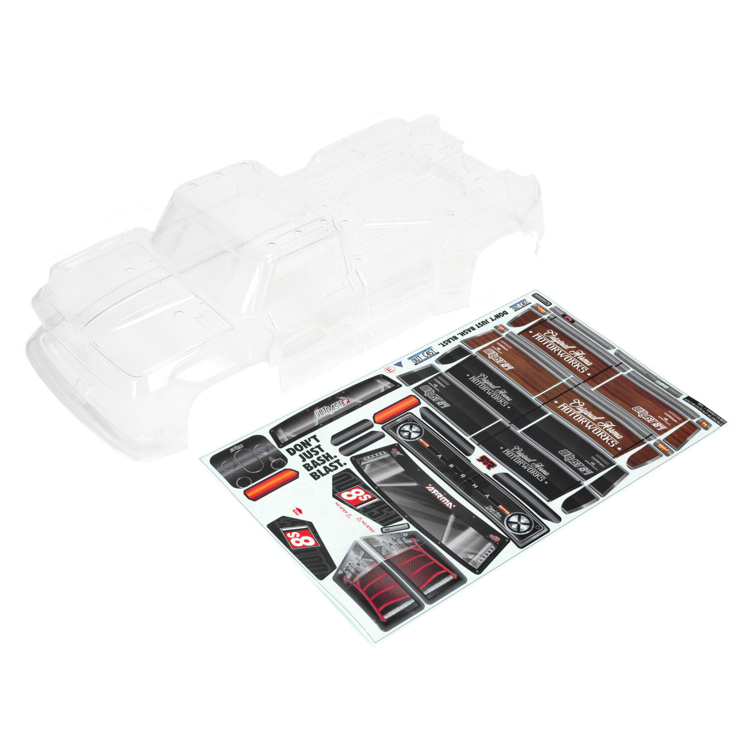 ARRMA 1:5 Clear Body Shell w/ Decals: OUTCAST 8S-ARA409006