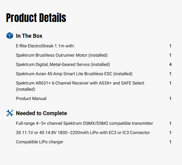 E-flite 1100mm ElectroStreak BNF Basic Glider Rc Airplane w/ AS3X+ & SAFE-EFL13350