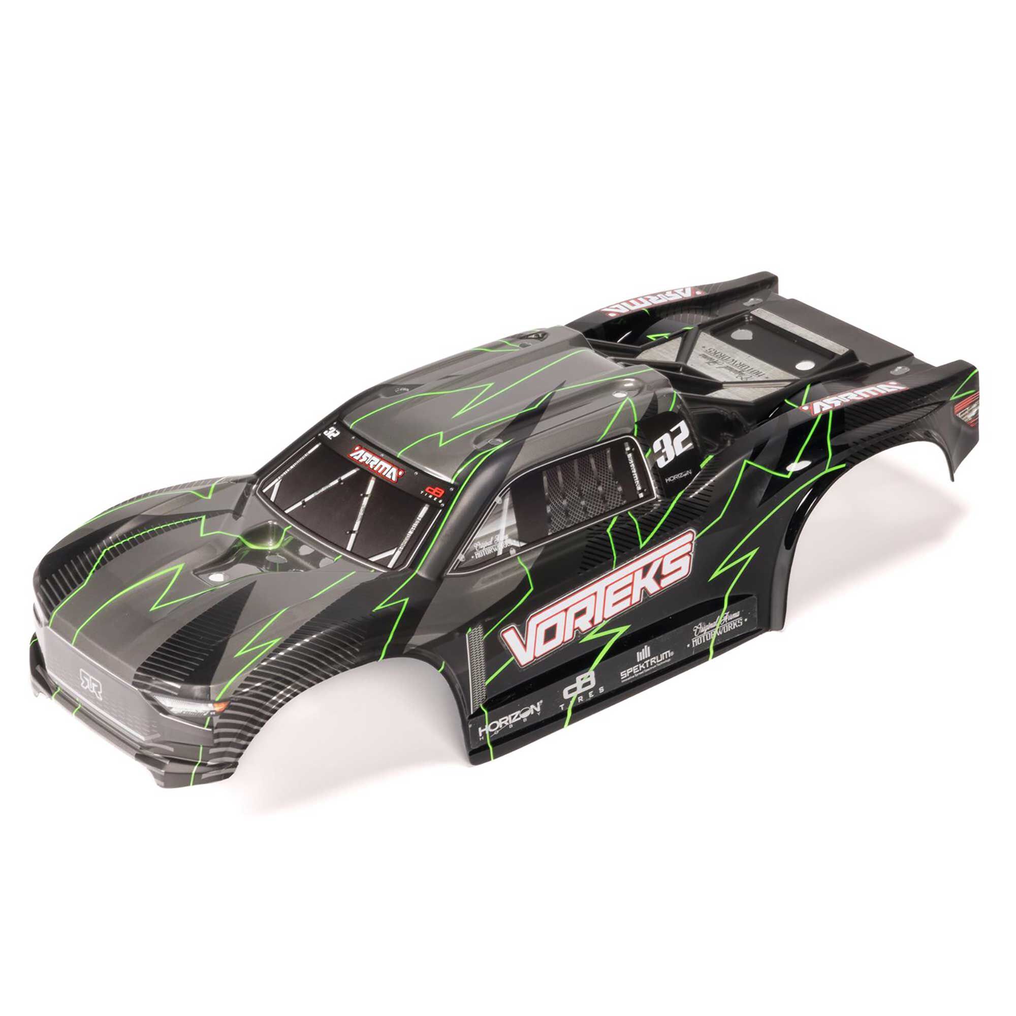 ARRMA 1:10 Painted Decaled Trimmed Body Set w/ Hidden Body Mount, Green/Black: VORTEKS 2WD-ARA-2581