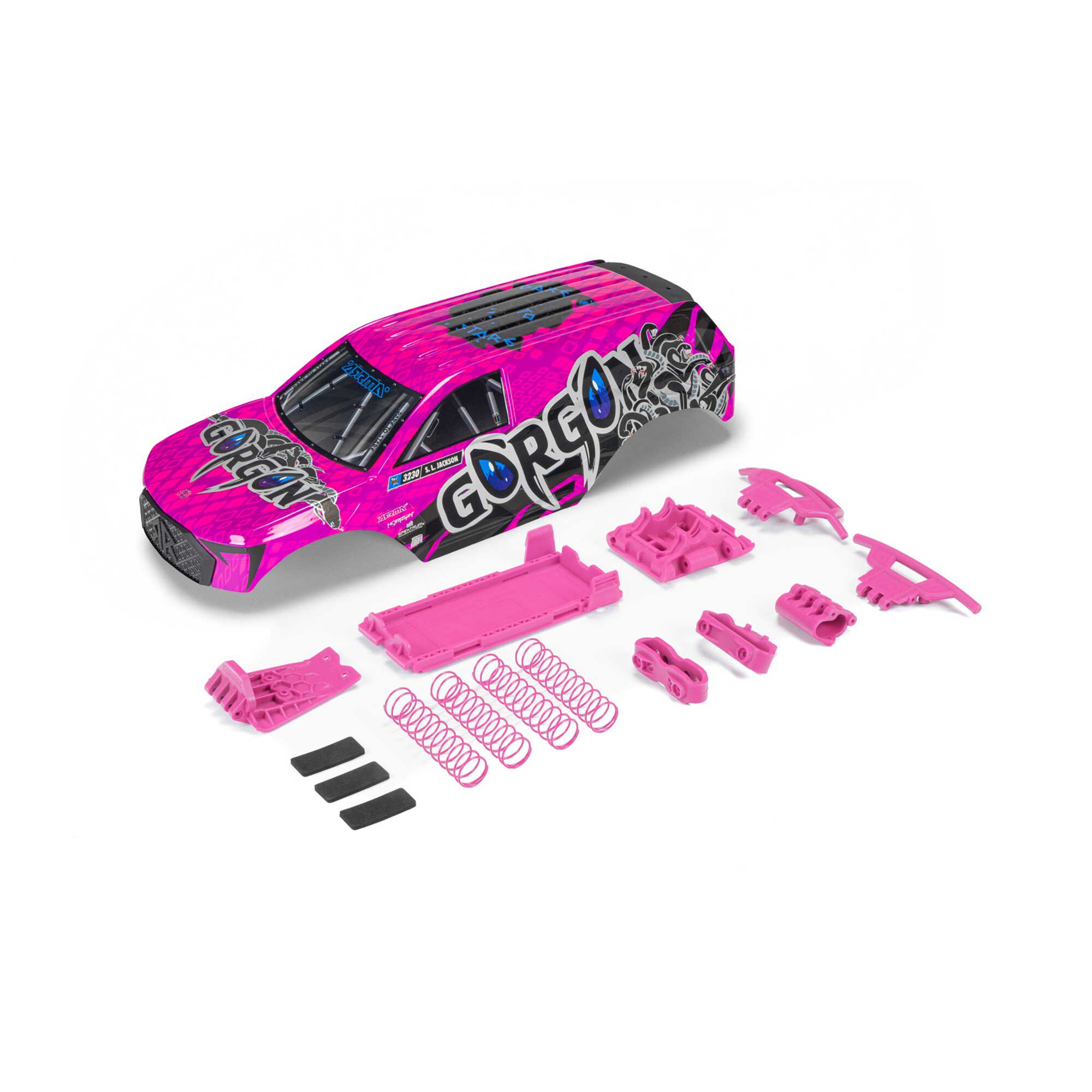 ARRMA 1:10 GORGON Painted, Decaled & Trimmed Body Set : Pink/Black-ARA-2608