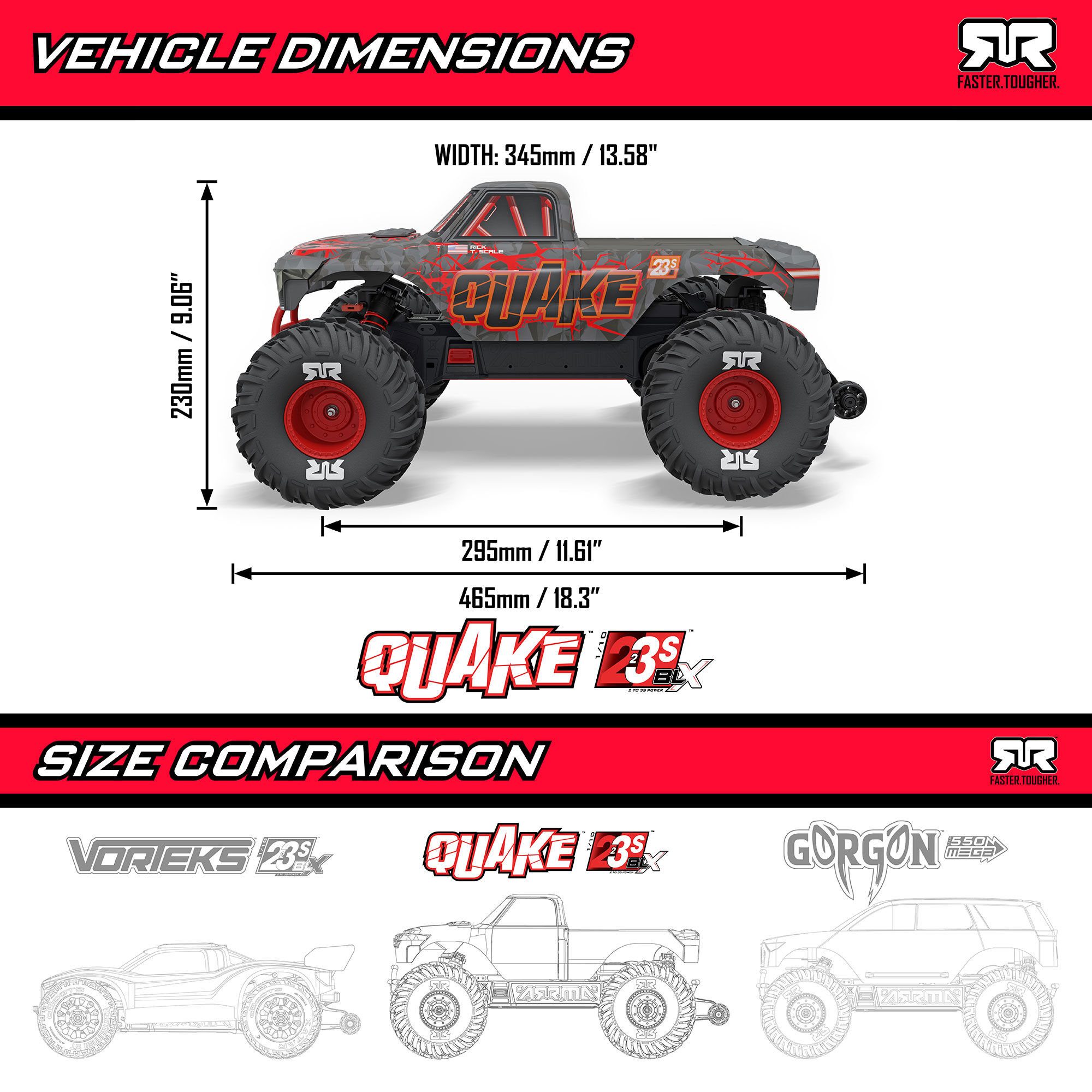 ARRMA 1/10 QUAKE 223S DSC 2WD RTR Brushless Monster Truck Multiple Colors-PRO362200