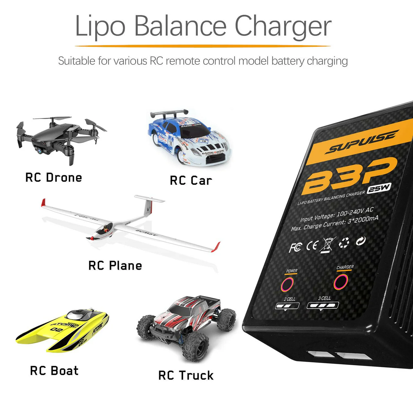 SUPULSE 2S-3S 7.4V 11.1V 25W Pro AC LiPo Battery Charger Fast Charing RC Balance Charger
