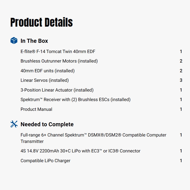 E-flite 40mm F-14 Tomcat Twin EDF Jet BNF Basic RC Warbirds Airplane-EFL01450