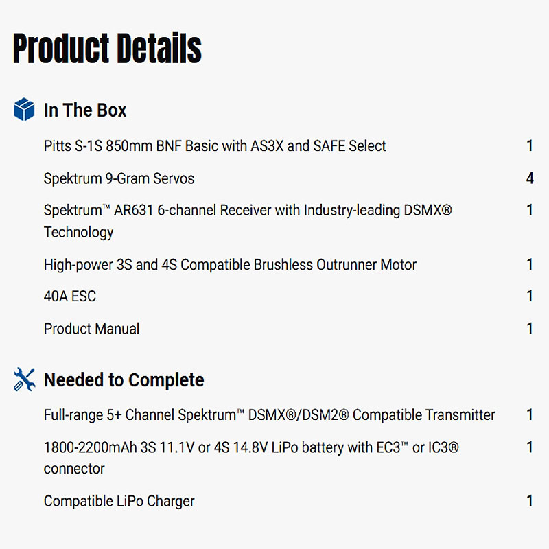 E-flite Pitts S-1S 850mm BNF Basic RC Biplanes w/AS3X and SAFE-EFL35500
