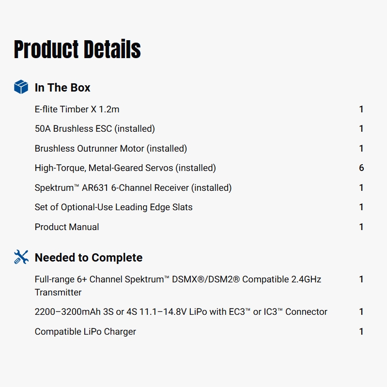E-flite Timber X 1200mm BNF Basic RC Trainer Electric Aircraft w/AS3X & SAFE-EFL38500