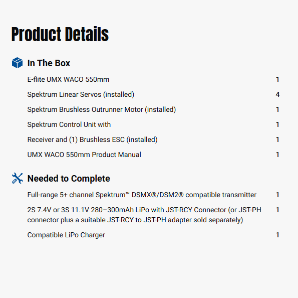 E-flite Ultra-Micro UMX Waco 550mm BNF Basic Electric Airplane w/ AS3X & SAFE-EFLU53550Y