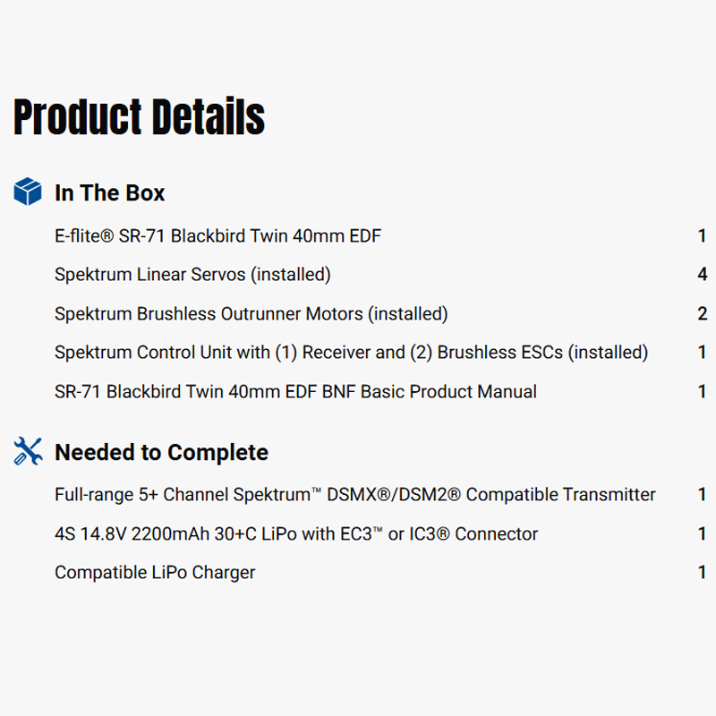 E-flite 40mm SR-71 Blackbird Twin EDF Jet BNF Basic w/ AS3X & SAFE-EFL02050