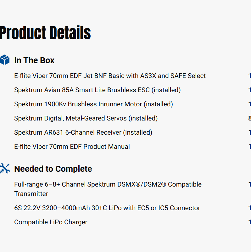 E-flite Viper 70mm EDF Jet BNF Basic RC Airplane w/ AS3X & SAFE-EFL077500