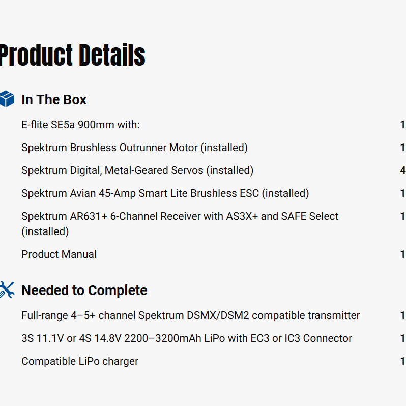 E-flite 900mm S.E.5a BNF Basic Biplanes with AS3X+ & SAFE-EFL10950