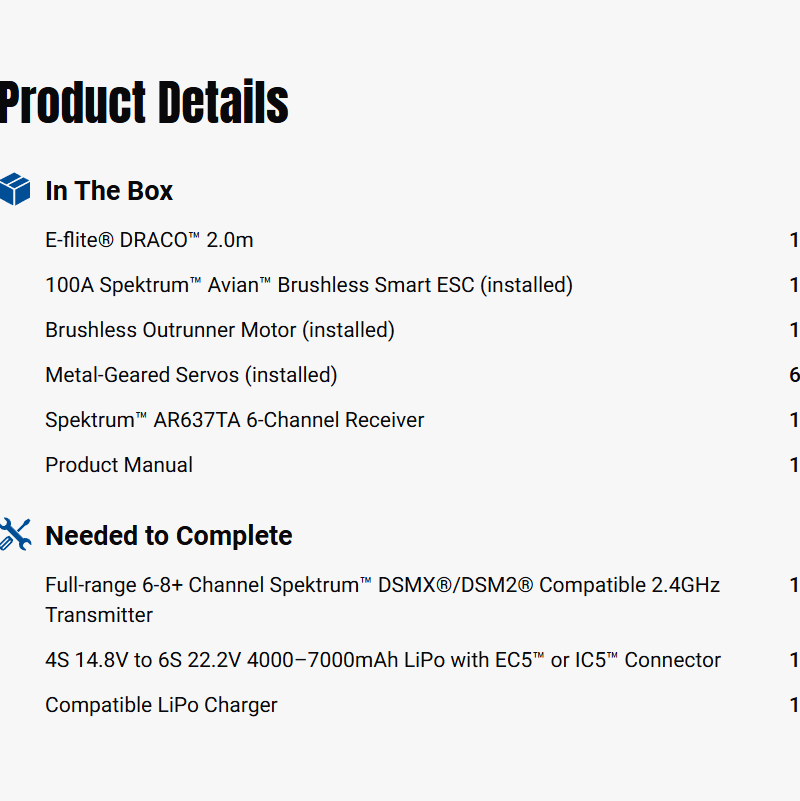 E-flite 2000mm Draco Smart BNF Basic w/ AS3X & SAFE-EFL12550