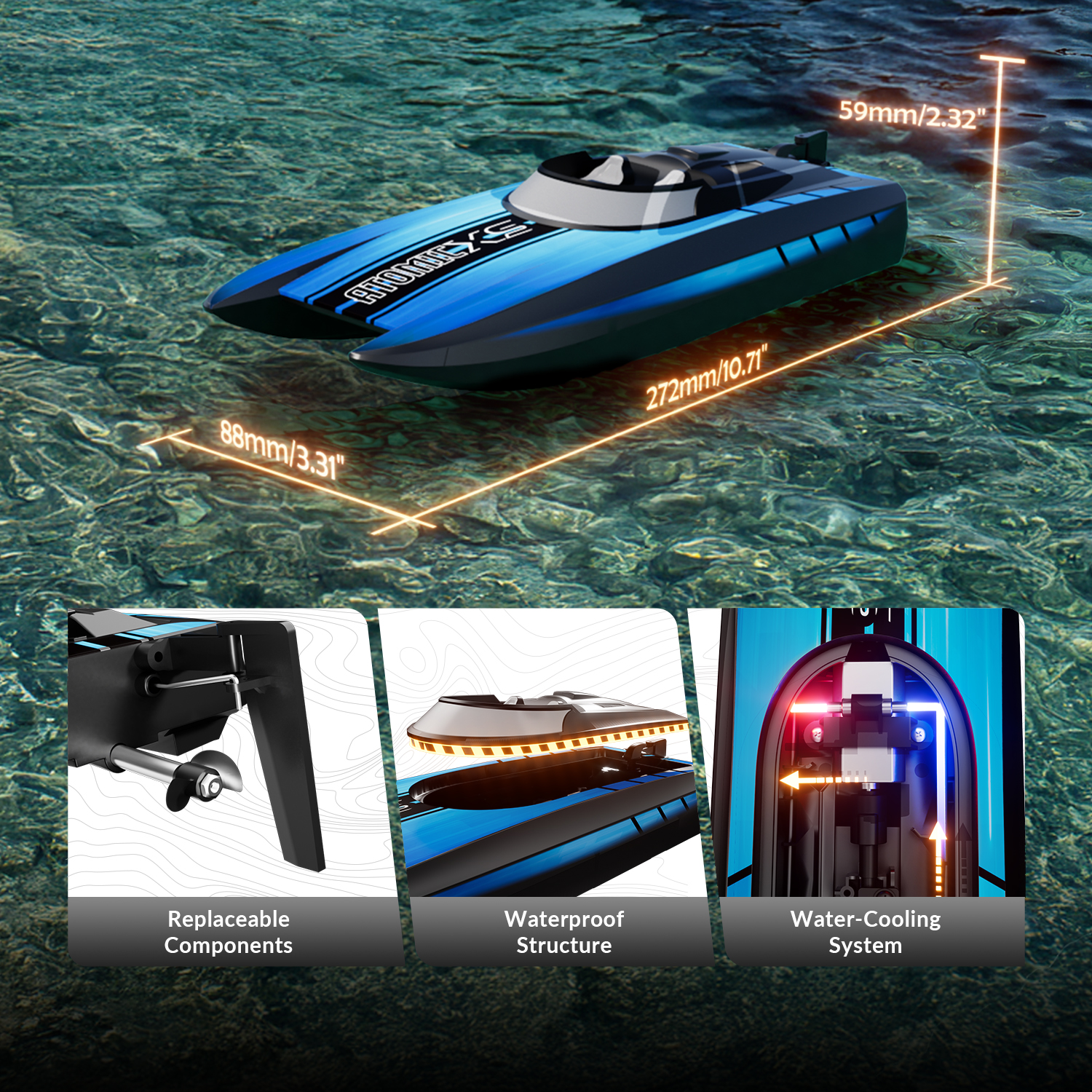 VOLANTEXRC AtomicXS Remote Control Boat for Kids Play in Pool Easy Running Great Gift Boat V2-EXA79505RGB2V2
