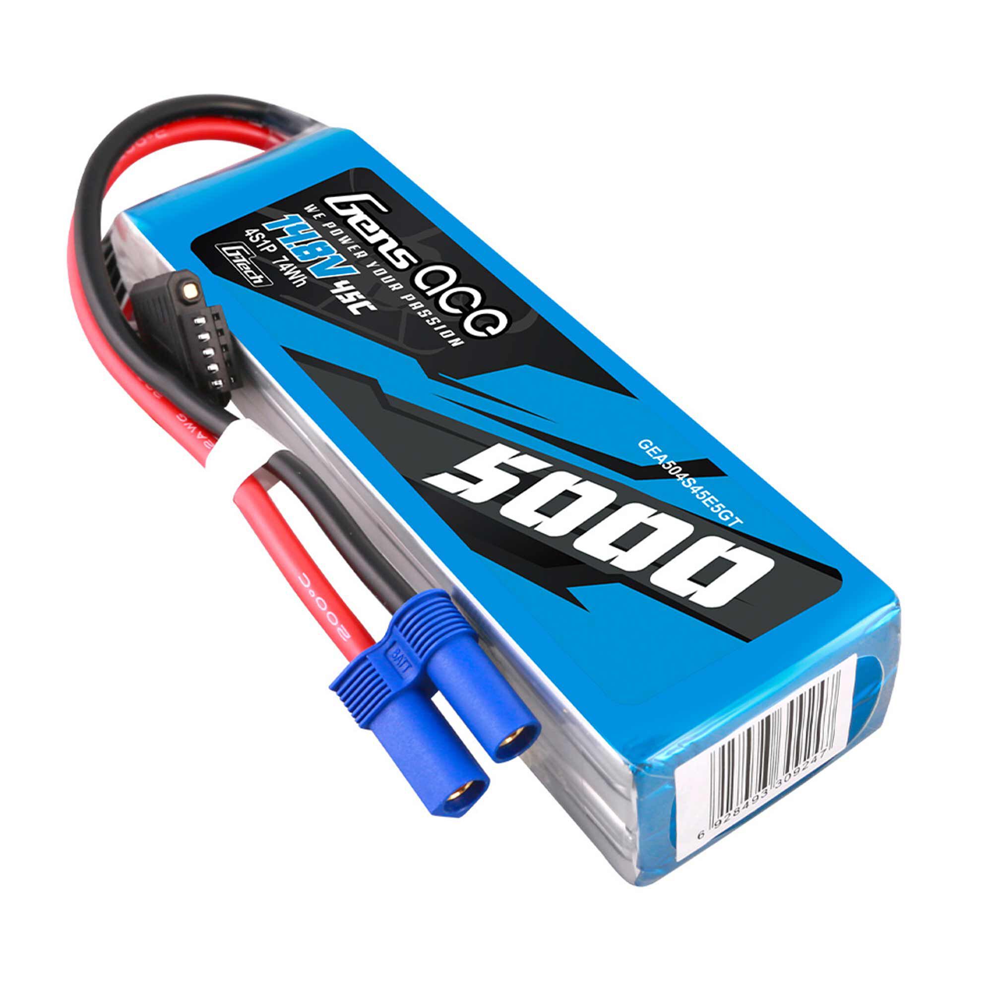 Gens ace 14.8V 5000mAh 4S 45C G-Tech Smart LiPo Battery: EC5-GEA504S45E5GT