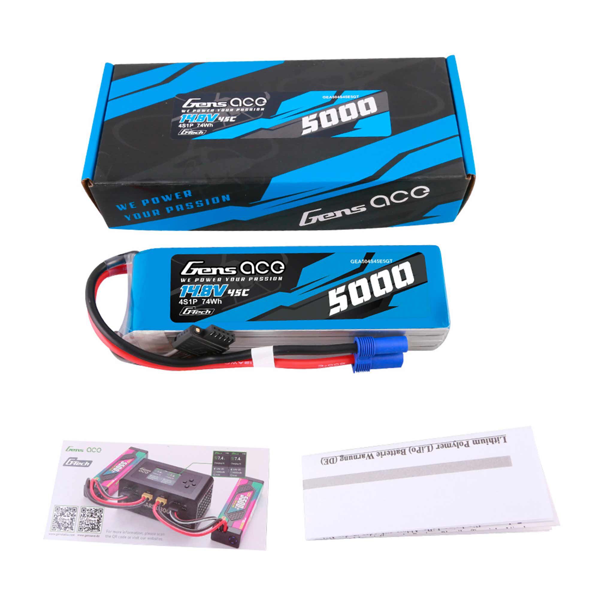 Gens ace 14.8V 5000mAh 4S 45C G-Tech Smart LiPo Battery: EC5-GEA504S45E5GT