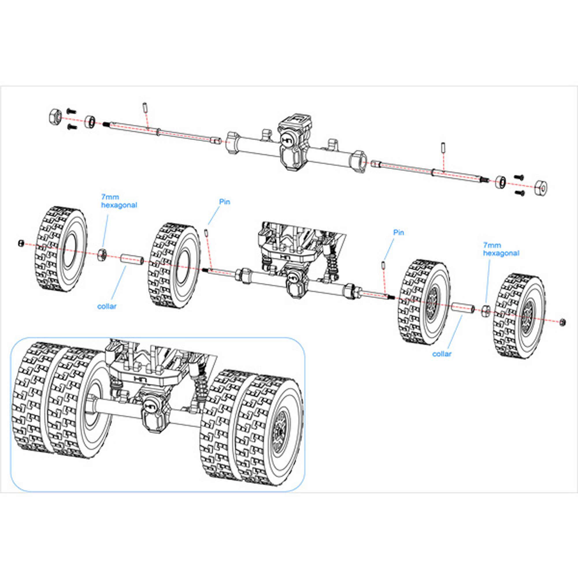 Hot Racing Dually Wheels Steel Drive Rear Axles: SCX24, AX24-HRASXTF39WD